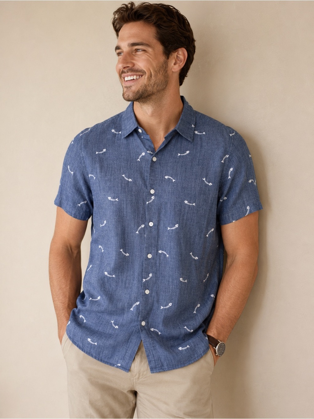 Bonobos Slim Fit Fish Print Short Sleeve Button Down Shirt Men’s Small Blue